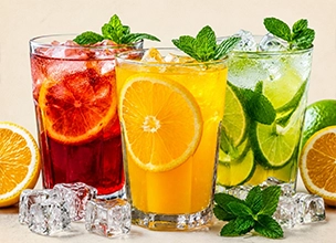 Citrus drinks with mint garnish and fruit slices served at Indian Restaurant. 